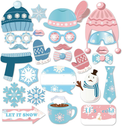 Snowman Photo Booth Props - Winter Wonderland Theme | 25 Count Snowflake Decorations
