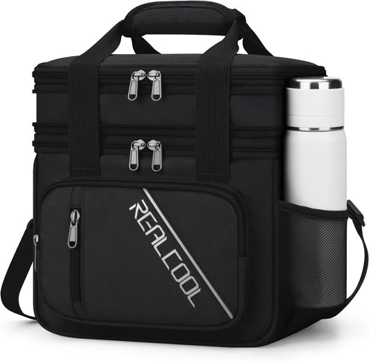 RealCool Insulated Lunch Bag - Double Deck Leakproof Soft Cooler for Work & Travel | Black