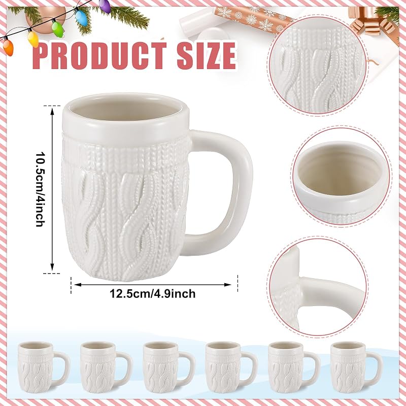 Set of 6 Christmas Sweater Mugs, 13.5 oz Ceramic White Cup