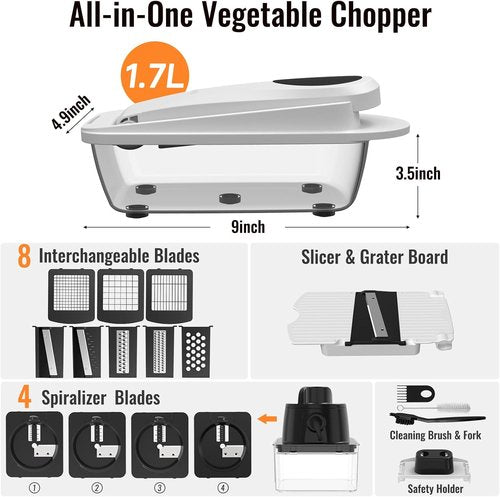 12 Blade All-in-1 Vegetable Chopper | Mandoline Slicer with Container & Spiralizer - White