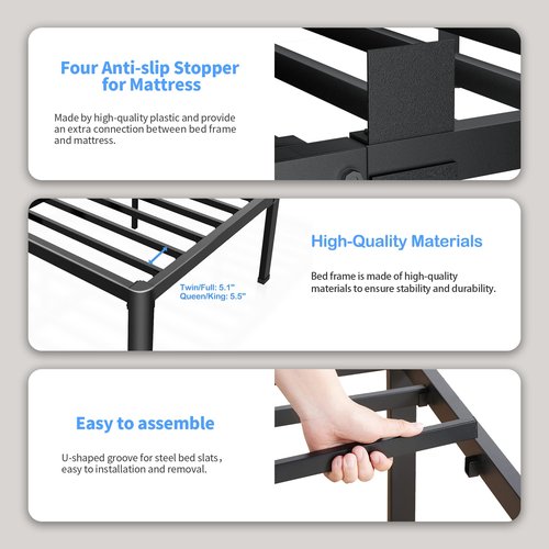 ROIL 18 Inch Queen Bed Frame with Rounded Corner and Headboard Hole Mattress Retainers 3500LBS Metal Heavy Duty Steel Slats No Box Spring Needed Platform Noise-Free Easy Assembly