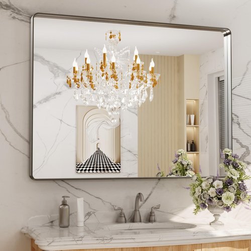 LOAAO 48X36 Inch Brushed Nickel Bathroom Mirror, Rounded Rectangle Silver Metal Frame Mirror, Brushed Nickel, Anti-Rust, Shatter Proof, Hangs Horizontally or Vertically