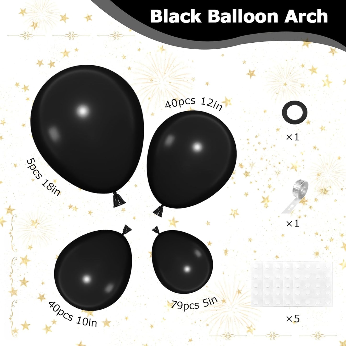 Ouddy Life Black Balloon Garland Kit - 164 Pcs Matte Latex Balloons in Various Sizes for Parties & Events