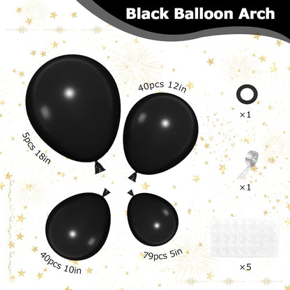 Ouddy Life Black Balloon Garland Kit - 164 Pcs Matte Latex Balloons in Various Sizes for Parties & Events