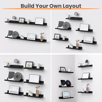 Upsimples Floating Wall Shelves - Set of 6 Stylish Wood Shelves for Home Decor | Black