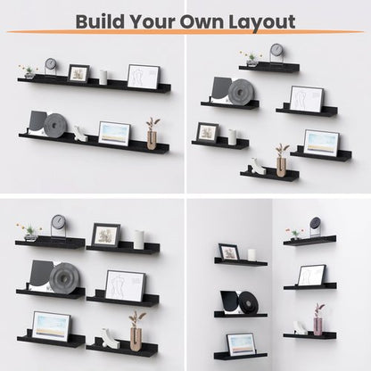 upsimples Floating Shelves for Wall, Wall Shelves for Decor Storage Set of 6, Wall Mounted Wood Shelf for Bedroom, Living Room, Bathroom, Kitchen, Picture Ledge Shelf, Black
