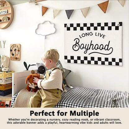 ETVISO Long Live Boyhood Black and White Checkered Boys Room Decor - Linen Banner Wall Hanging Canvas Banner Flag Decor for Toddler Boy Bedroom Nursery Playroom
