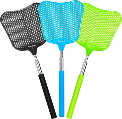 Begonia Telescopic Fly Swatter - Heavy-Duty Manual Plastic Design with Stainless Steel Handle | 3 Pack