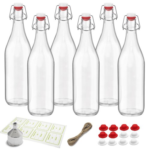 6 Pack [1 Liter / 33 fl. oz.] Swing Top Glass Bottles – Airtight Flip Top Brewing Bottles for Kombucha, Beer, Wine, Kefir, Soda, Liquor – Includes Funnel, 2 Pourers, 6+6 Seals, 6 Labels & Jute Twine