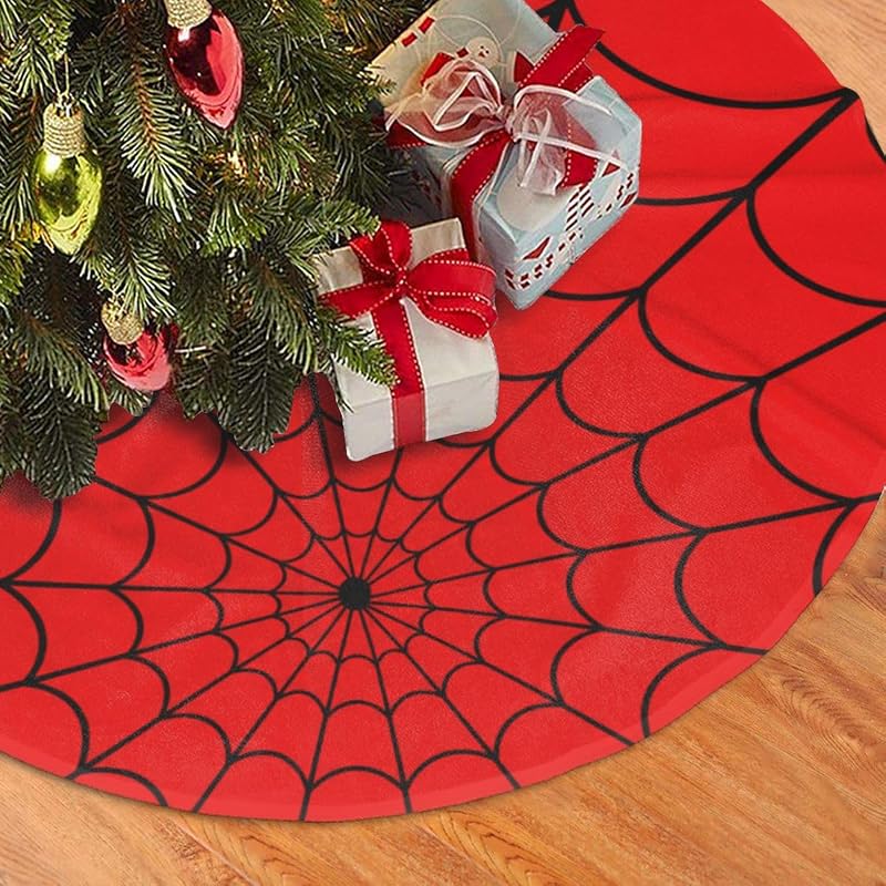 Red Black Spider Web 36" Christmas Tree Skirt - Xmas Holiday Decor (Variation: Red Black Spider Web+36")