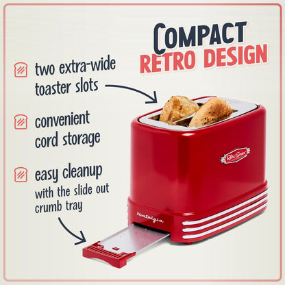 Nostalgia Retro 2-Slice Toaster - Vintage Design, Crumb Tray, 5 Toasting Levels | Red