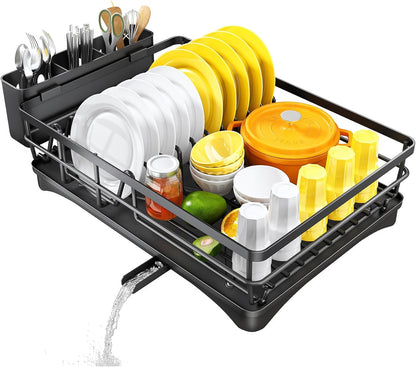 SNTD Dish Drying Rack - Large Rustproof Kitchen Dish Drainer with Drainboard & Utensil Holder | Black