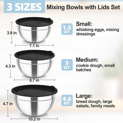 TeamFar Stainless Steel Mixing Bowls Set - Airtight Lids for Serving, Mixing & Storing | 4.6 QT, 3 QT, 1.5 QT, Black