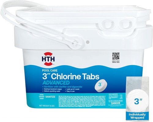 HTH 42053W Pool Care 3" Chlorine Tabs - Advanced Sanitizer with Clarifier & Algaecide, 8 lbs for Clear Water