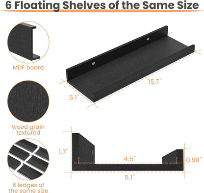 Upsimples Floating Wall Shelves - Set of 6 Stylish Wood Shelves for Home Decor | Black