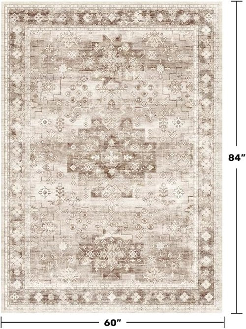 Hazo Haus Washable Area Rug - Neutral Farmhouse Design | Stain Resistant, Non-Slip, 5x7 Beige/Latte