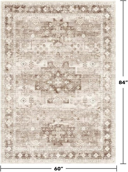 Hazo Haus Washable Area Rug - Neutral Farmhouse Design | Stain Resistant, Non-Slip, 5x7 Beige/Latte