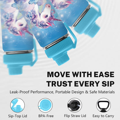 Skiennix Unicorn Water Bottle - 18oz Stainless Steel Insulated Tumbler with 2 Lids & Handle | Leak-Proof Design