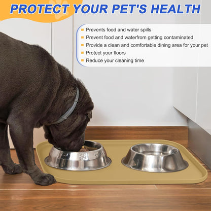 Skiennix Silicone Pet Feeding Mat - Waterproof Dog & Cat Bowl Placemat with Raised Edge | 19 x 12 x 0.7 Dark Beige