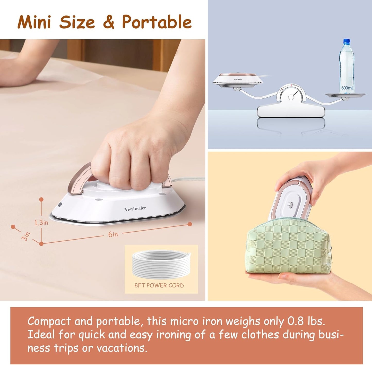 Newbealer Travel Iron - Mini Dry Iron with Global Voltage, 100-240V, 300W, Non-Stick Ceramic Soleplate, Gold