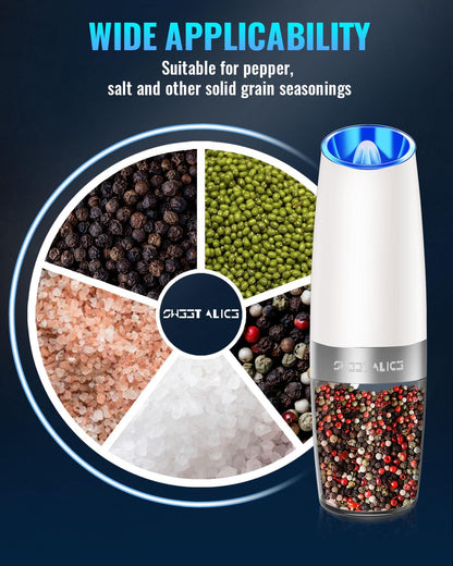 Gravity Electric Pepper and Salt Grinder Set, Adjustable Coarseness, Battery Powered with LED Light, One Hand Automatic Operation, Snow White, 2 Pack