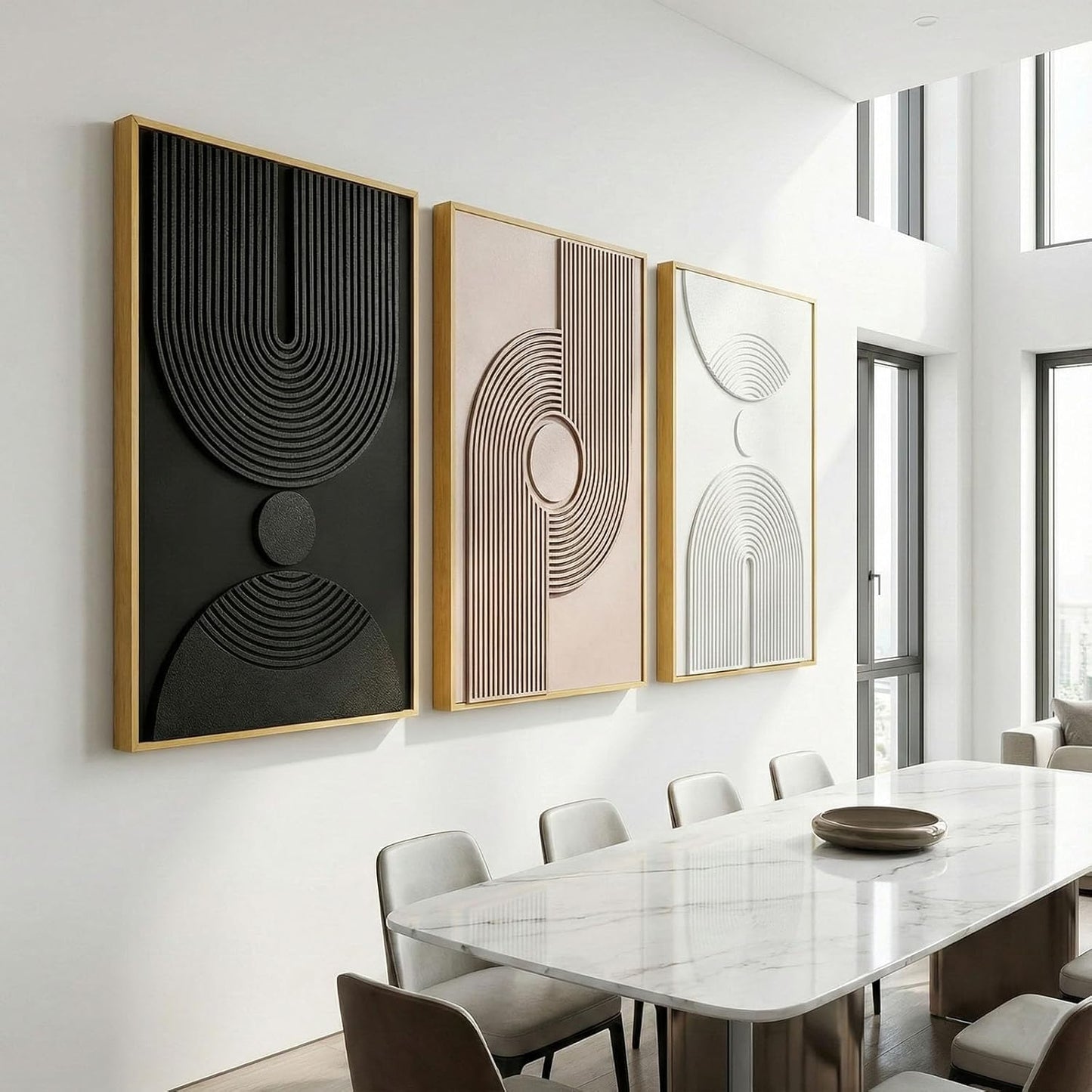Regine Switzerland 3D Textured Abstract Wall Art - Modern Minimalist 3-Piece Set | Black, White, Beige, 24x36 In