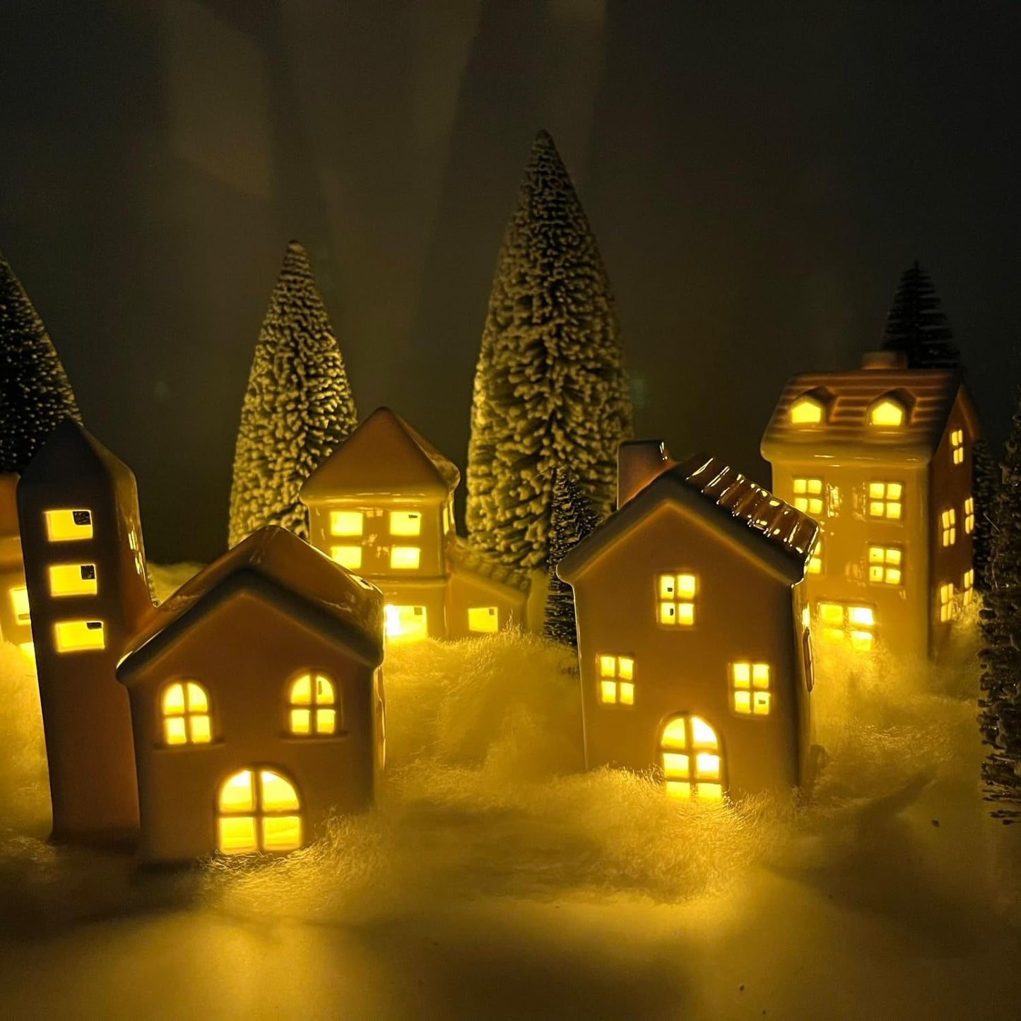 Regine Switzerland Ceramic Christmas Village Houses Set - 5 White Houses, 9 Trees & Fake Snow for Festive Indoor Decor