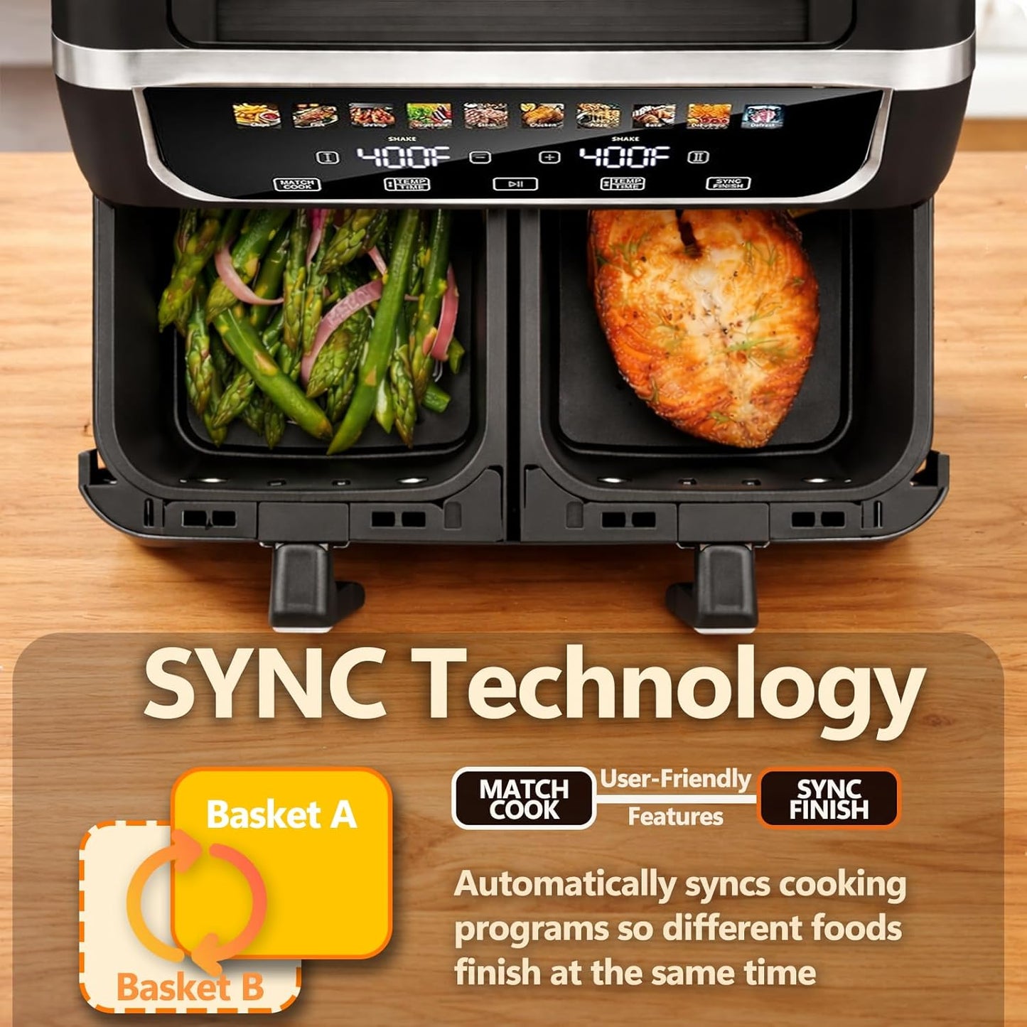 Simple Deluxe 9.5-Qt Dual Basket Air Fryer - 10-in-1 Digital Preset, 1700W, Nonstick, Black