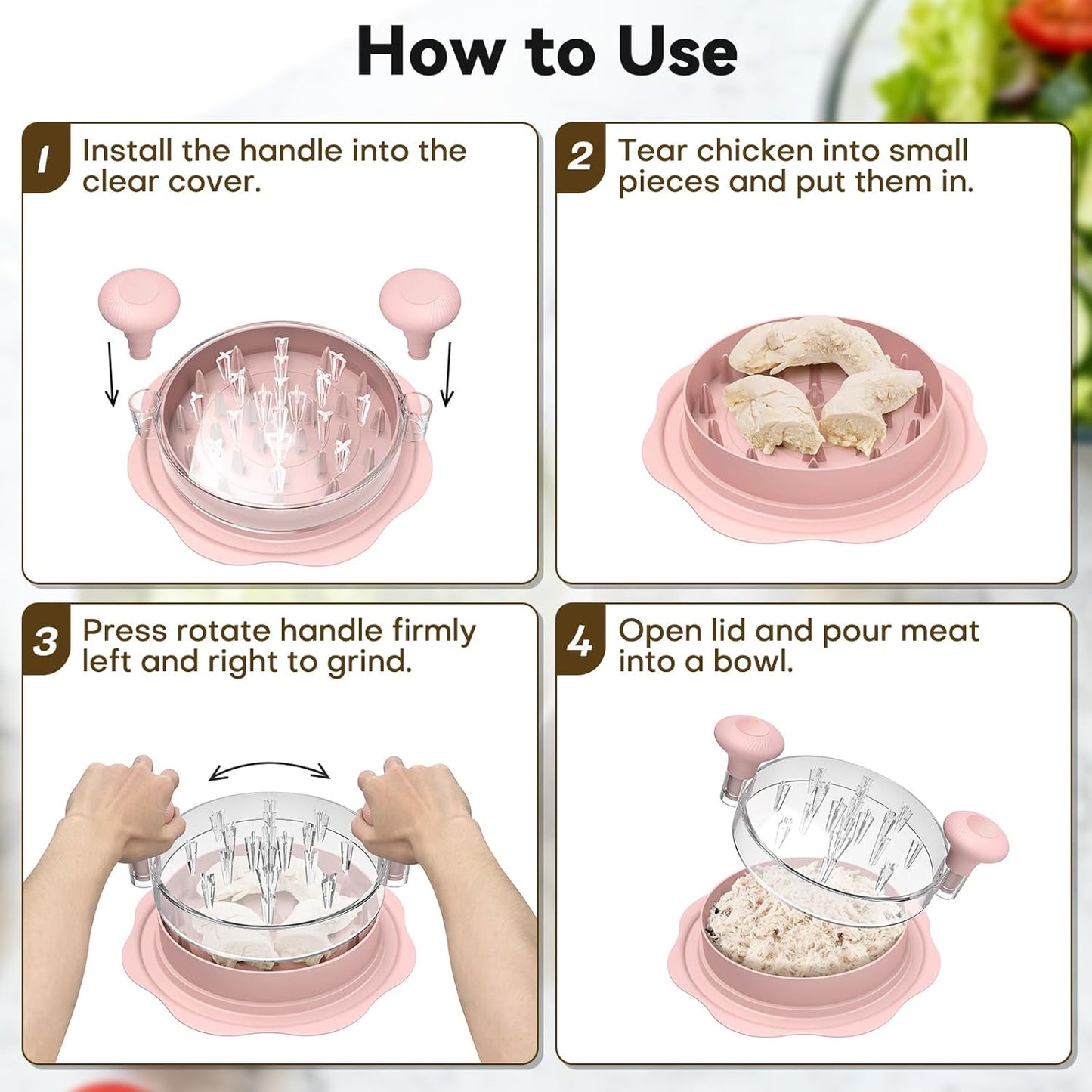 Ukeetap 10" Pro Chicken Shredder Tool - BPA-Free Ergonomic Meat Grinder with Anti-Slip Base, Pink