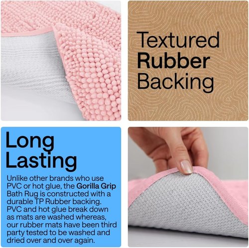 GORILLA GRIP Bath Rug Mat - Soft Absorbent Chenille | Quick Dry Microfiber, 60x24, Light Pink