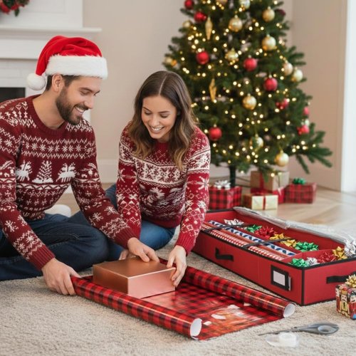 HOLDN' STORAGE Premium Wrapping Paper Storage Container - Durable 600D Tear-Proof Design | Fits 27 Rolls, Extra Pockets for Ribbons & Bows, Underbed Storage - Perfect for Holiday Gift Wrap, Red/Black Trim