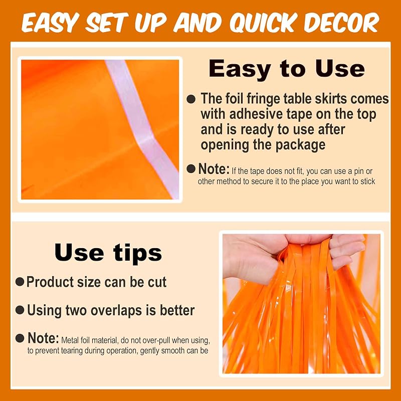 Macaron Orange Variation 3 Pack Foil Fringe Table Skirts - 29x108 in, Tinsel Backdrop