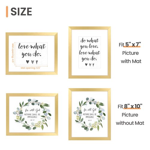 upsimples 8x10 Picture Frame, Display Pictures 5x7 with Mat or 8x10 Without Mat, Wall Hanging Photo Frame, Gold, 1 Pack