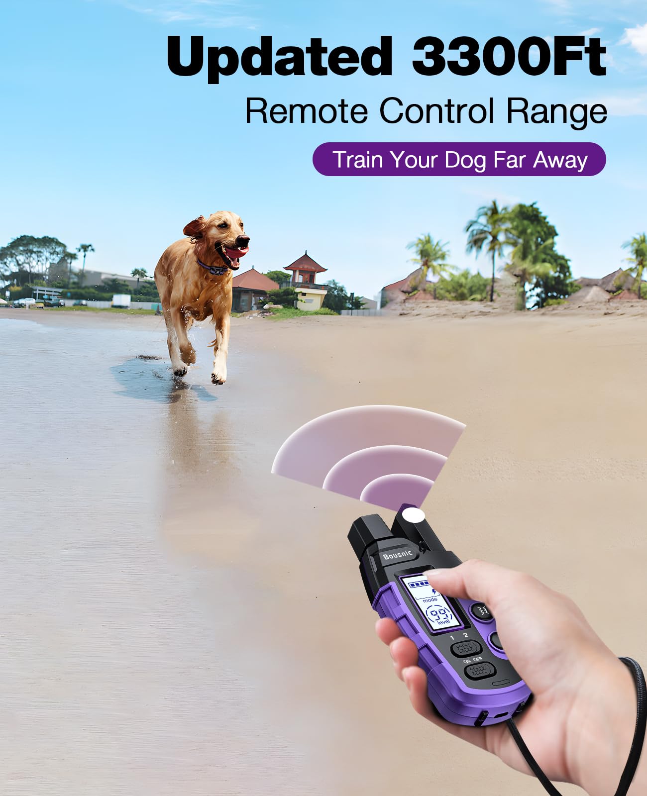 Bousnic Dog Shock Collar - 3300Ft Training Collar with Remote for 5-120lbs Small Medium Large Dogs Rechargeable Waterproof e Collar with Beep (1-8), Shake(1-16), Safe Shock(1-99) Modes (LightPurple)