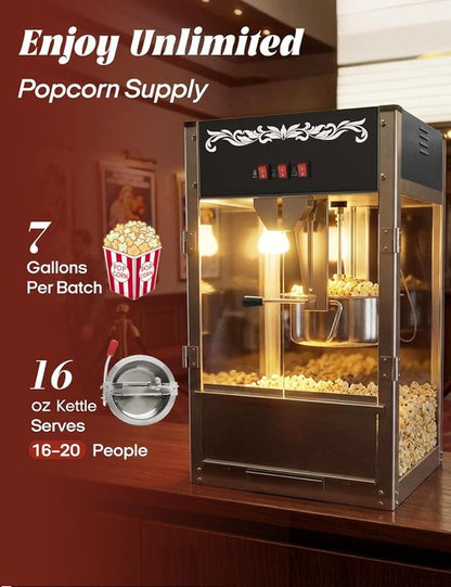 Commercial Popcorn Machine - Authentic 16oz Kettle Popcorn Maker with Warming Deck | 1600W for Restaurants & Events