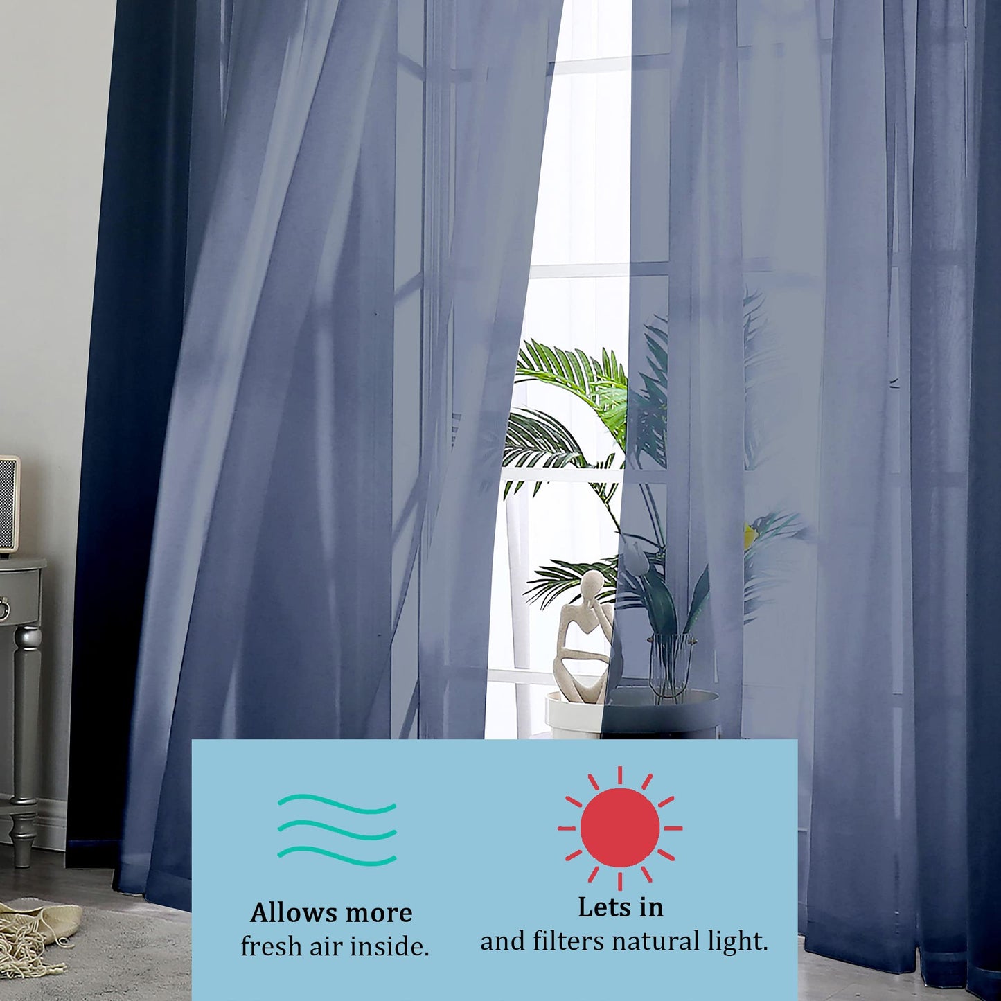 OWENIE Sheer Curtains 54 inches Long 2 Panels Set, Rod Pocket Curtain Sheers for Living Room/Bedroom, Light Filtering Voile Panels Drapes Small Window Treatments 2 Pcs Total Wide 84 Inches, Navy Blue