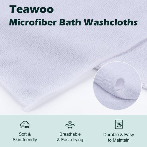 TEAWOO White Washcloths 15 Pack, Highly Absorbent & Quick Drying Face Towels, Premium Quality Soft Bath Towels, Multipurpose Microfiber Wash Cloths, 12x12 inches