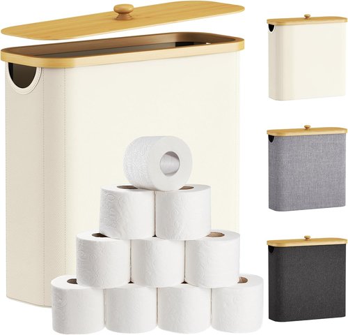 Lifewit Toilet Paper Storage Holder - Free Standing Organizer for 12-16 Rolls | Extra Large 30L, White with Bamboo Lid