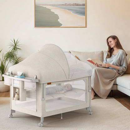 TinyGlow 4-in-1 Baby Bassinet - Portable Crib with Mattress, Diaper Changer & Mosquito Net