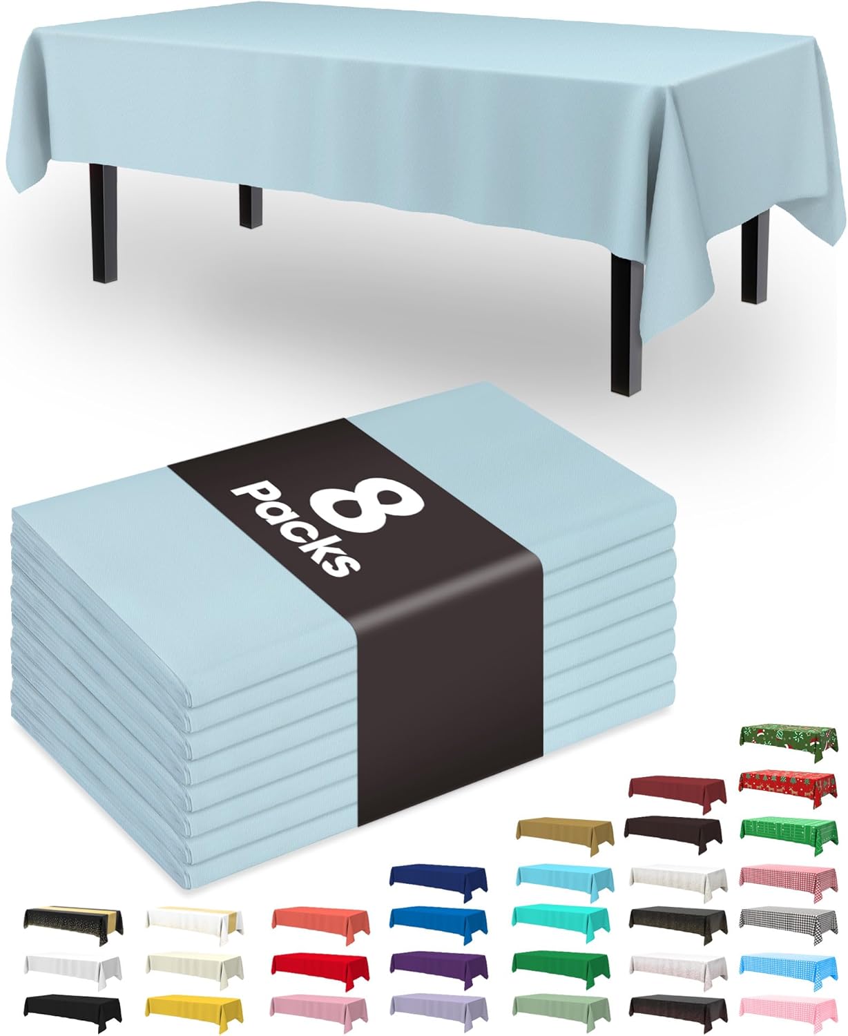 Pureegg Disposable Plastic Tablecloths - 8 Pack, 54 x 108 Inch, Leakproof & Sturdy, Baby Blue for Parties & Events