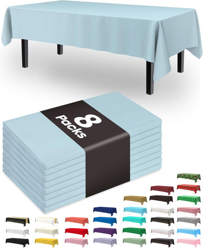 Pureegg Disposable Plastic Tablecloths - 8 Pack, 54 x 108 Inch, Leakproof & Sturdy, Baby Blue for Parties & Events