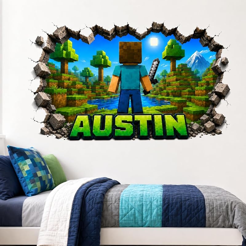 Personalized Pixel Gamer Wall Decal - Custom Name 3D Broken Wall Video Game Room Decor