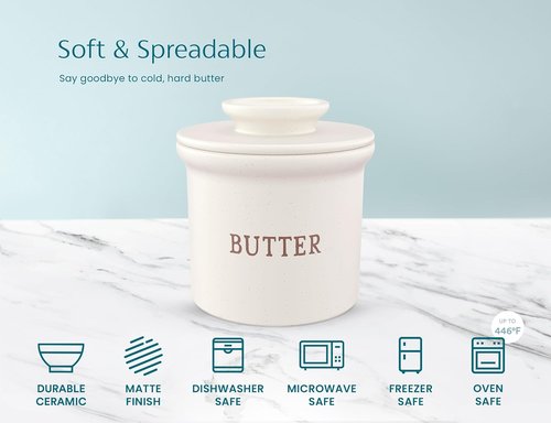 Kook Butter Keeper Dish - French Ceramic Crock with Lid for Soft Butter | Matte Oatmeal, Perfect Holiday Gift