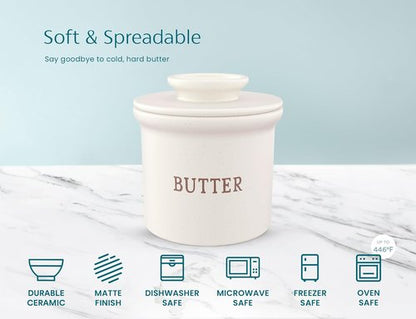 Kook Butter Keeper Dish - French Ceramic Crock with Lid for Soft Butter | Matte Oatmeal, Perfect Holiday Gift