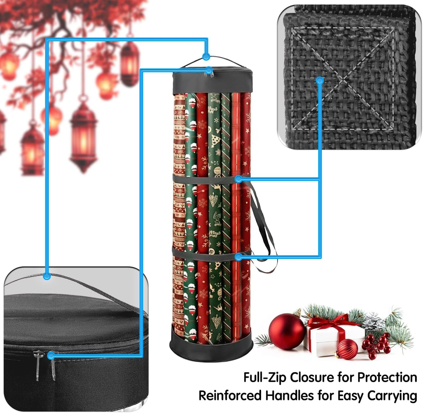 Mobi Lock Wrapping Paper Storage Bag - Cylindrical Organizer with Zipper & Handles - Holds 18-25 Rolls
