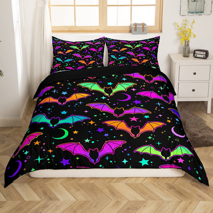 Erosebridal Starry Sky Duvet Cover Blue Purple Galaxy Bedding Set Full Size Glitter Bats Comforter Cover Set for Boys Girls Youth,Stars Moon Halloween Decorations Teal Green