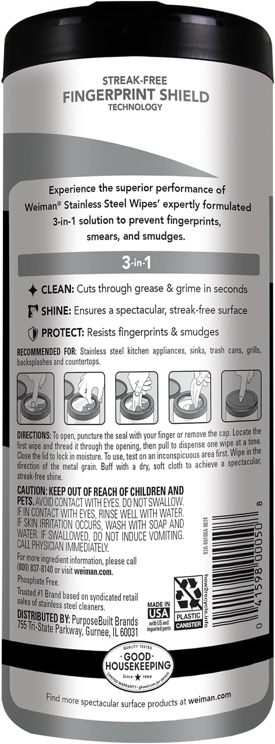Weiman Stainless Steel Cleaner Wipes - 30 Count Anti-Fingerprint, Grease & Streak Remover for Appliances