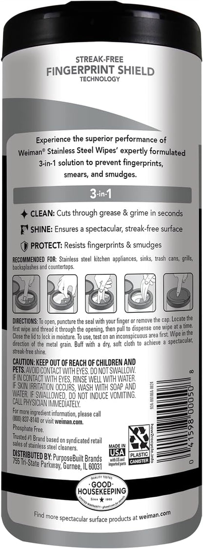 Weiman Stainless Steel Cleaner Wipes - 30 Count Anti-Fingerprint, Grease & Streak Remover for Appliances