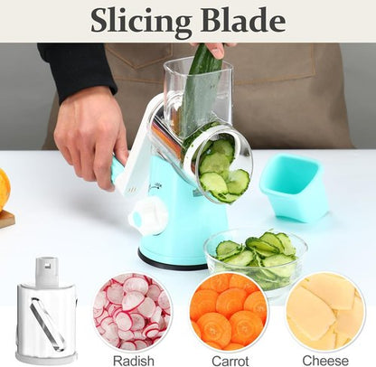 Cambom Rotary Cheese Grater - Hand Crank Shredder for Fresh Cheese, Veggies & Nuts | Non-Slip Base, 5 Blades, Blue