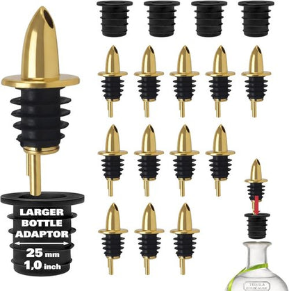 ESATTO 12 Pack Classic Bottle Pourers, Liquor Pourers for Alcohol, Olive Oil, Bartender Accessories Includes 4 Liquor Pourer Adapters for Large Neck Bottles such as Patron Don Julio Tequila (Gold)